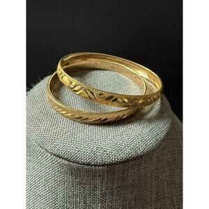 Vintage Etched Bangle Cuff Bracelet Gold Tone Stackable Estate Set (2) Capsule